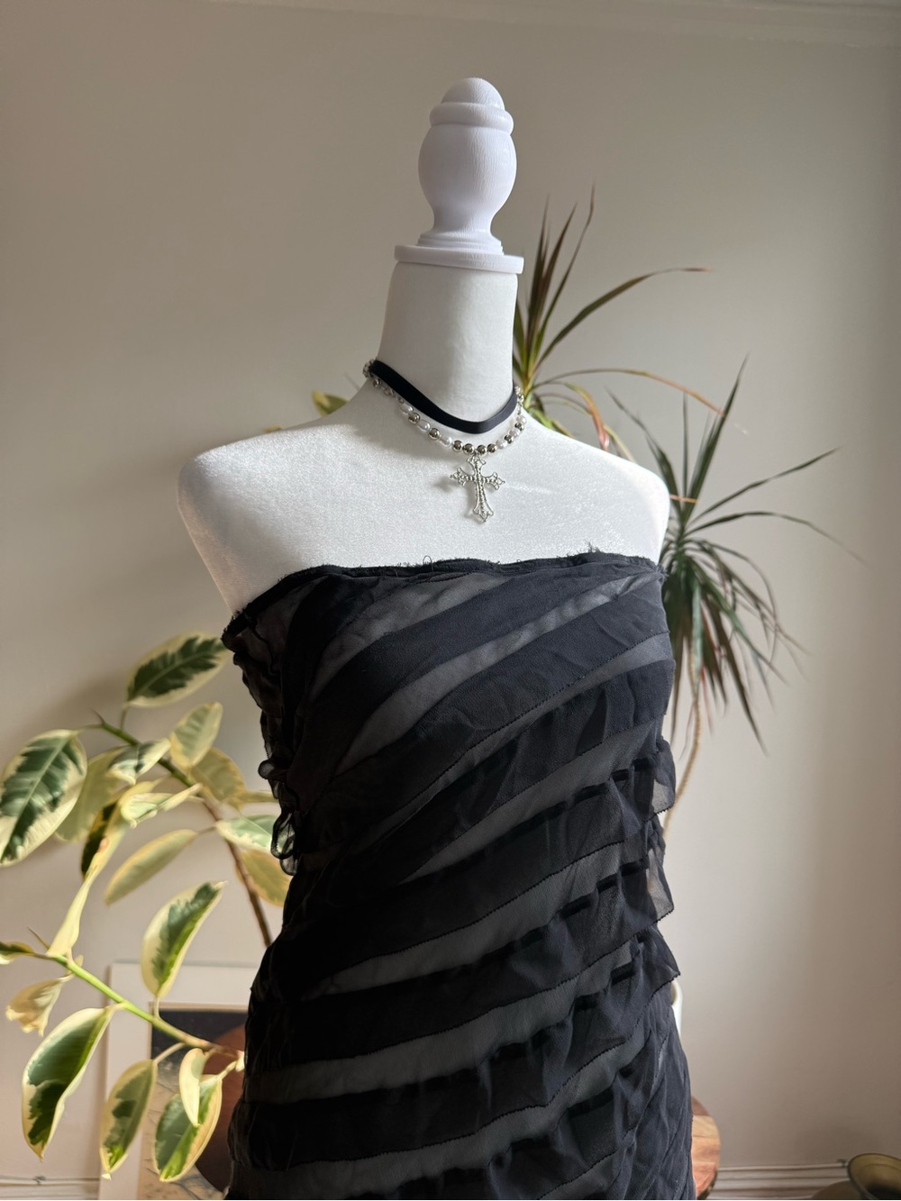 100% Silk Black Strapless Sheer Ruffle Mini Dress Y2K Goth Romantic S